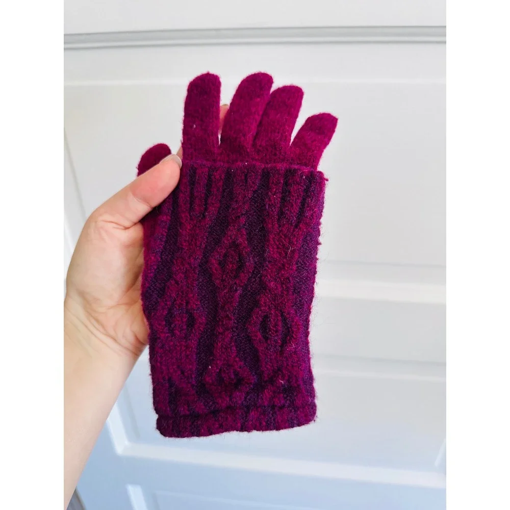 Plum Burgundy Cable Knit Layered Arm Warmer Full Finger Gloves Winter Warm